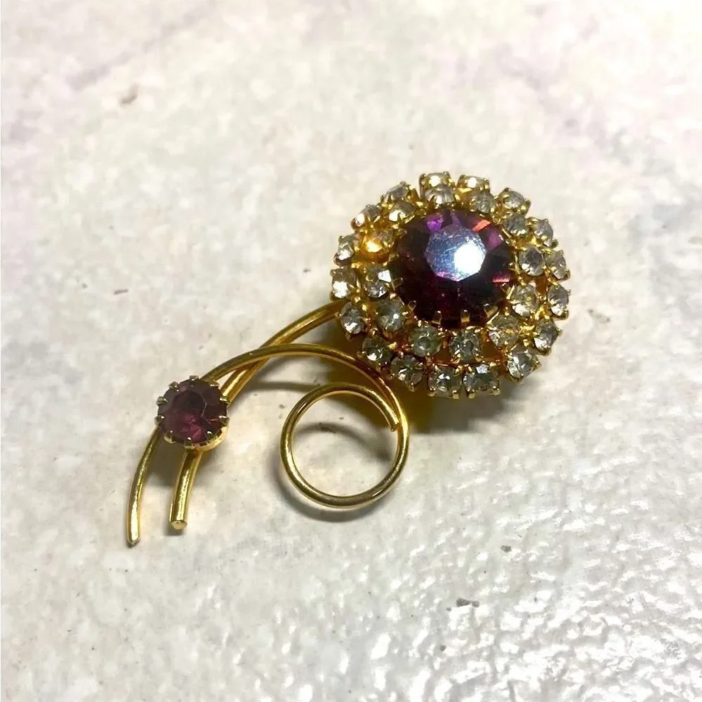 Vintage Rhinestone & Amethyst Brooch & Earrings - Picture 3 of 3
